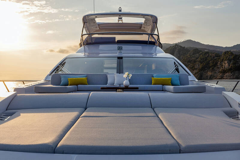 Lounge area and sunbathing cushions on bow