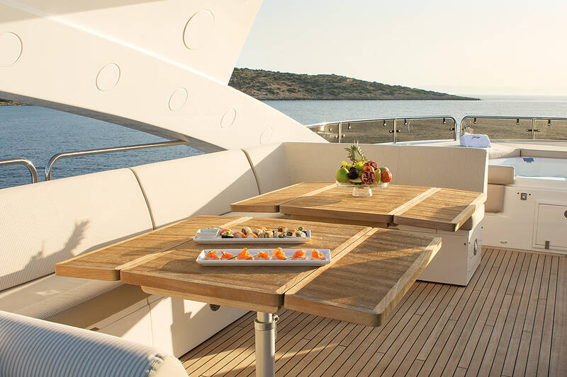 Seating area on port side with fixed dining table on Sky deck