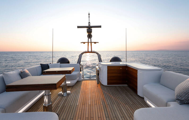 Dining area with wet bar on flybridge